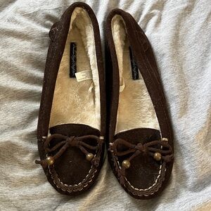 NEW American Eagle Brown Suede Moccasins with Faux Fur Lining Size 6.5